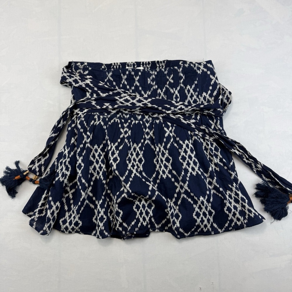 Anthropologie By J Ikat Mini Skirt Medium Navy Blue White Tassel Belted Boho